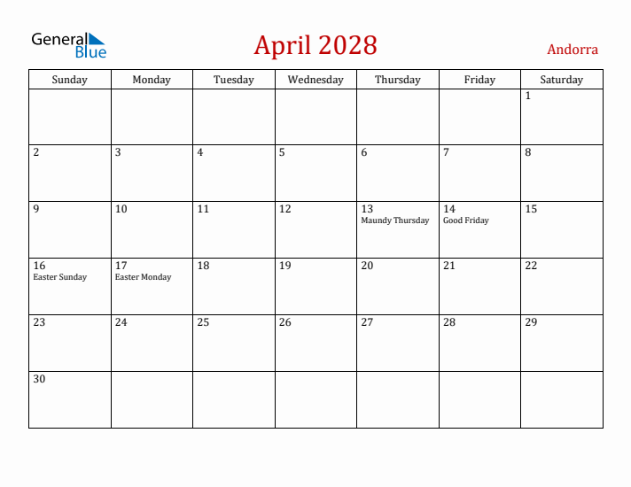 Andorra April 2028 Calendar - Sunday Start