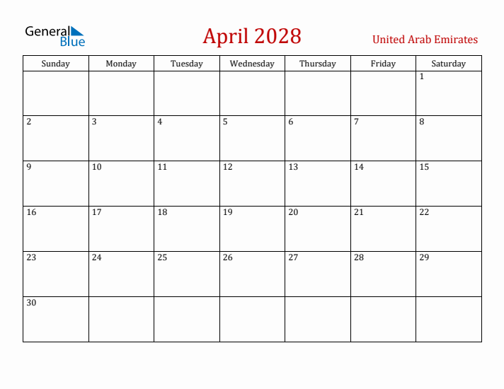 United Arab Emirates April 2028 Calendar - Sunday Start