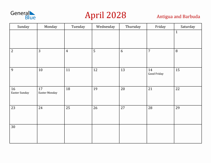 Antigua and Barbuda April 2028 Calendar - Sunday Start
