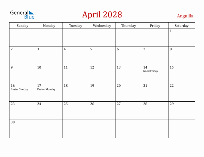 Anguilla April 2028 Calendar - Sunday Start
