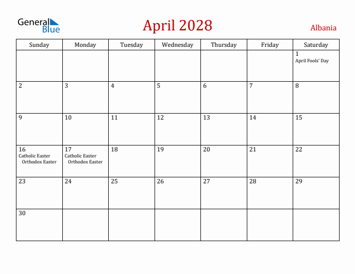 Albania April 2028 Calendar - Sunday Start