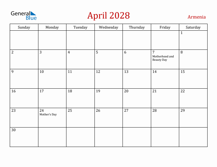 Armenia April 2028 Calendar - Sunday Start