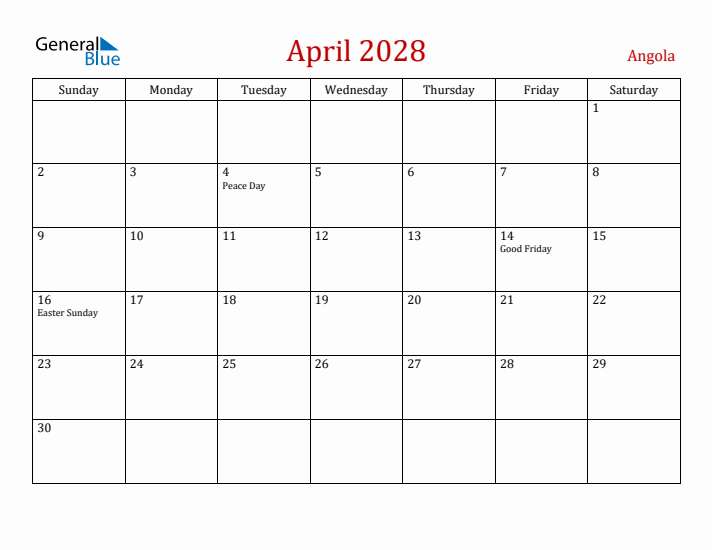 Angola April 2028 Calendar - Sunday Start