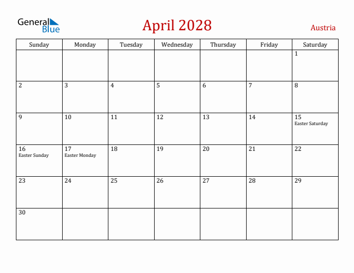 Austria April 2028 Calendar - Sunday Start