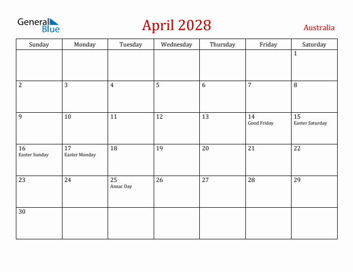Australia April 2028 Calendar - Sunday Start