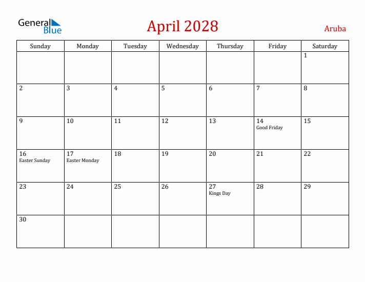 Aruba April 2028 Calendar - Sunday Start