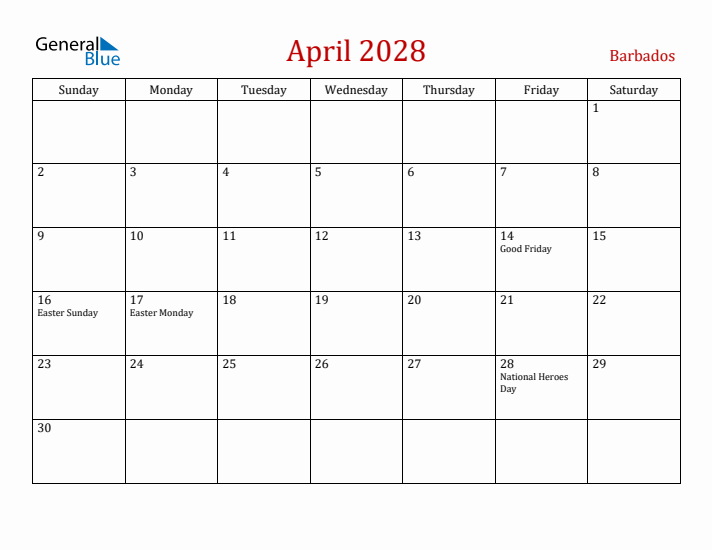 Barbados April 2028 Calendar - Sunday Start