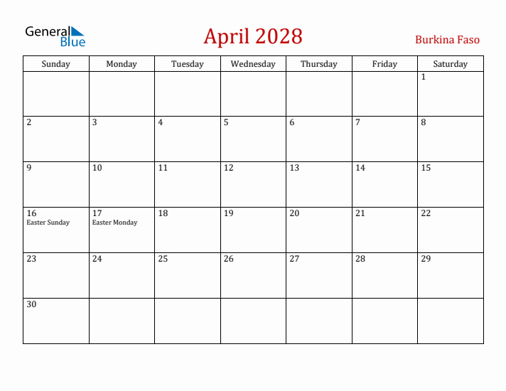Burkina Faso April 2028 Calendar - Sunday Start