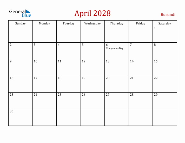 Burundi April 2028 Calendar - Sunday Start