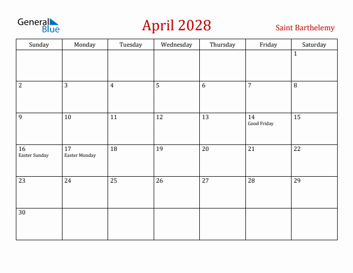 Saint Barthelemy April 2028 Calendar - Sunday Start