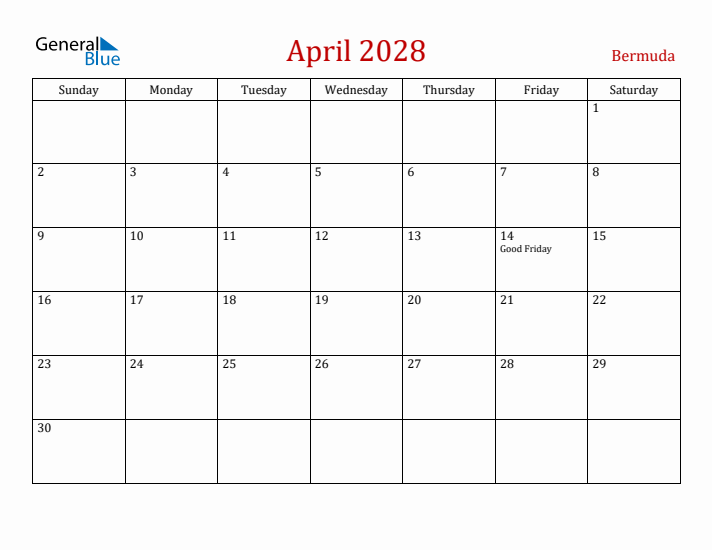 Bermuda April 2028 Calendar - Sunday Start