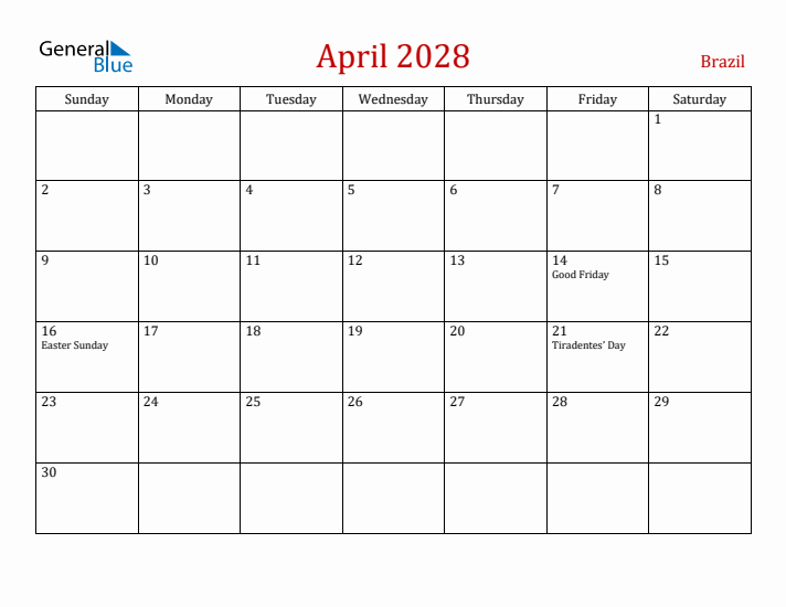 Brazil April 2028 Calendar - Sunday Start