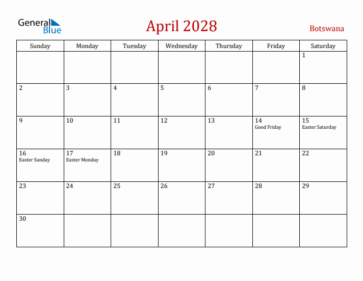 Botswana April 2028 Calendar - Sunday Start