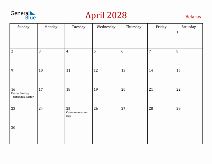Belarus April 2028 Calendar - Sunday Start