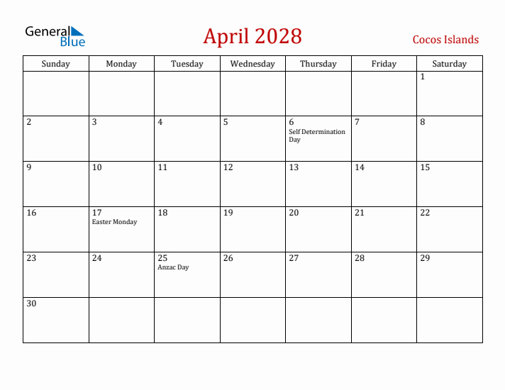 Cocos Islands April 2028 Calendar - Sunday Start