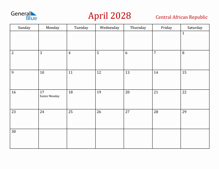 Central African Republic April 2028 Calendar - Sunday Start