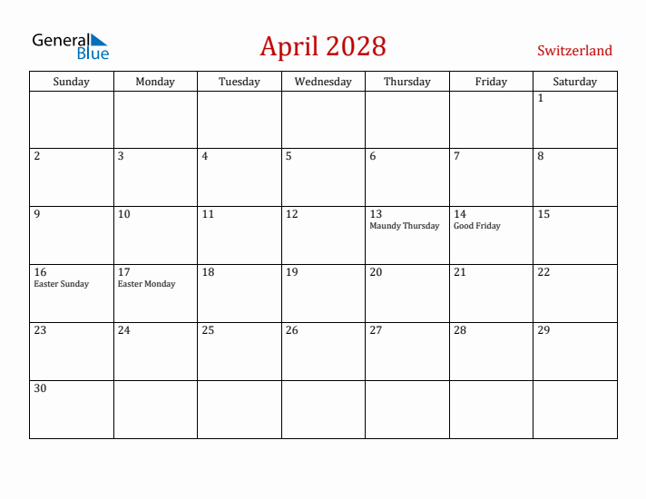 Switzerland April 2028 Calendar - Sunday Start