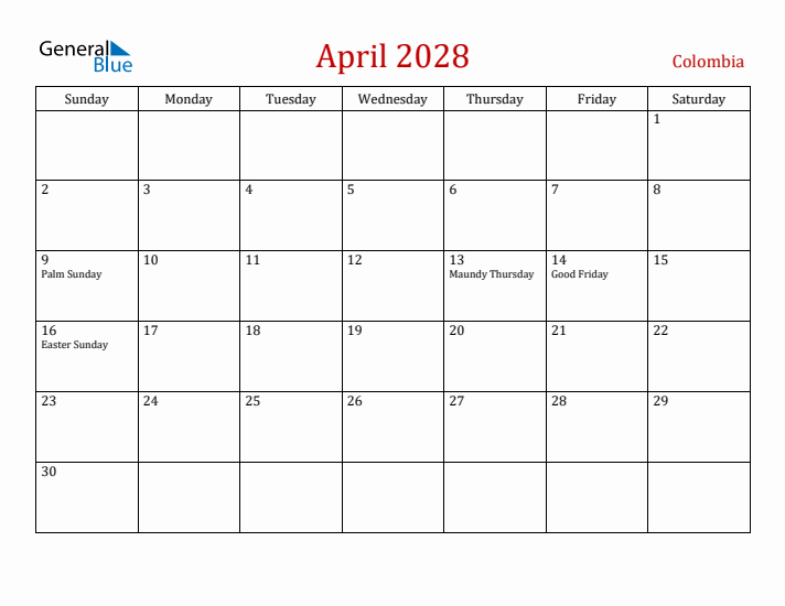 Colombia April 2028 Calendar - Sunday Start