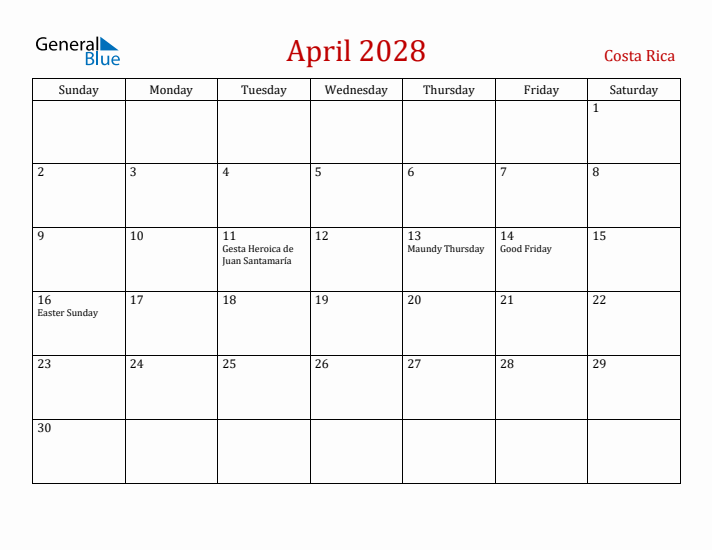 Costa Rica April 2028 Calendar - Sunday Start