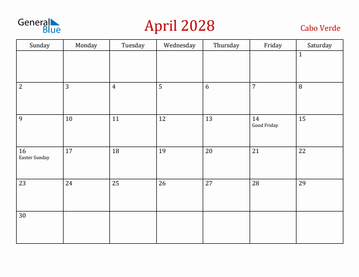Cabo Verde April 2028 Calendar - Sunday Start
