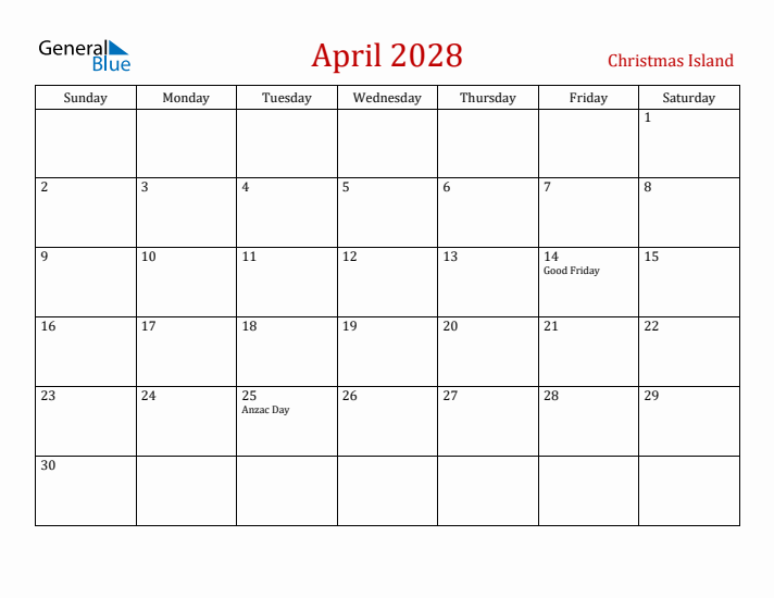 Christmas Island April 2028 Calendar - Sunday Start