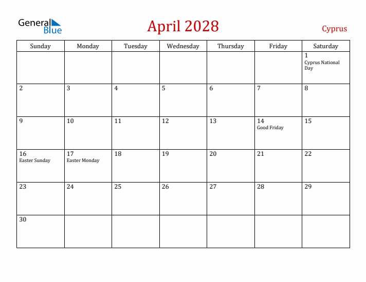 Cyprus April 2028 Calendar - Sunday Start