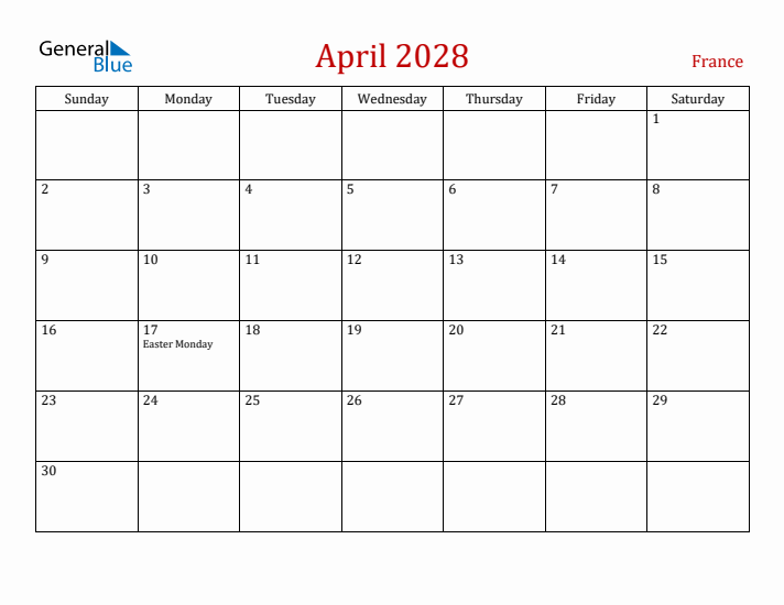 France April 2028 Calendar - Sunday Start