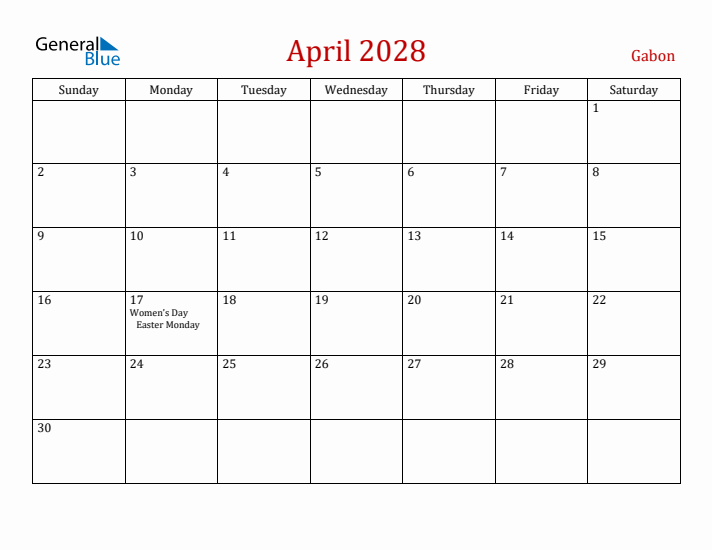 Gabon April 2028 Calendar - Sunday Start