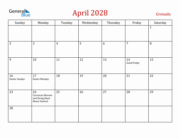 Grenada April 2028 Calendar - Sunday Start