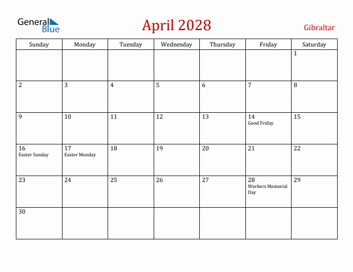 Gibraltar April 2028 Calendar - Sunday Start