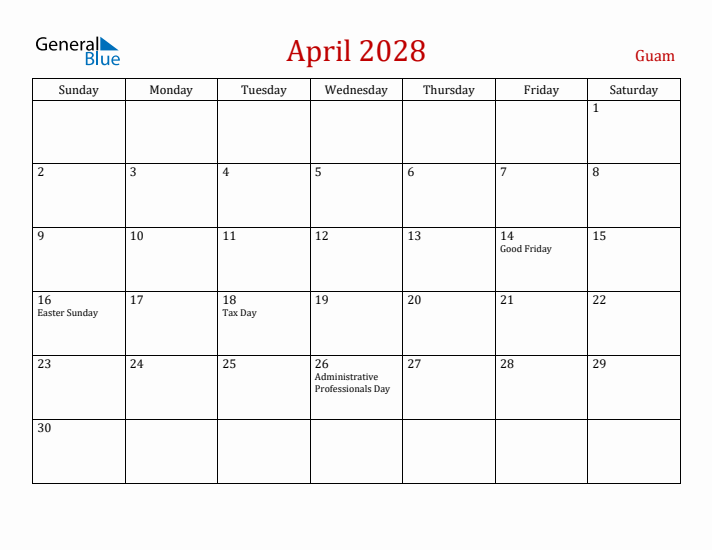 Guam April 2028 Calendar - Sunday Start