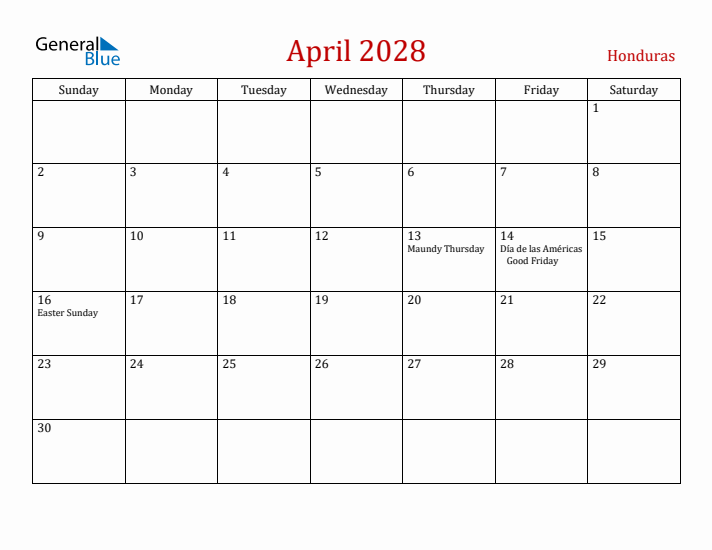 Honduras April 2028 Calendar - Sunday Start
