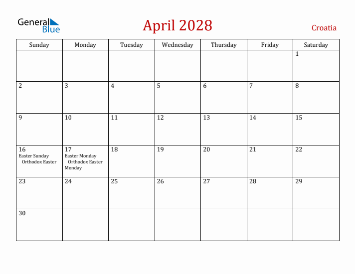 Croatia April 2028 Calendar - Sunday Start
