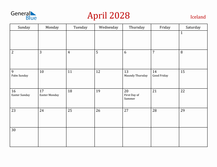 Iceland April 2028 Calendar - Sunday Start