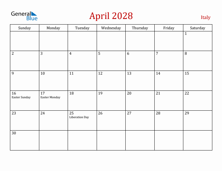 Italy April 2028 Calendar - Sunday Start