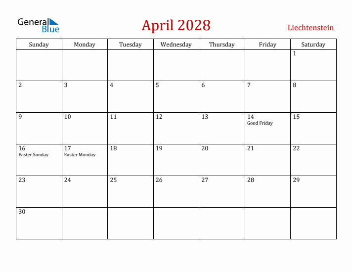 Liechtenstein April 2028 Calendar - Sunday Start