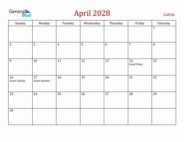 Latvia April 2028 Calendar - Sunday Start