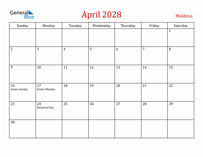 Moldova April 2028 Calendar - Sunday Start