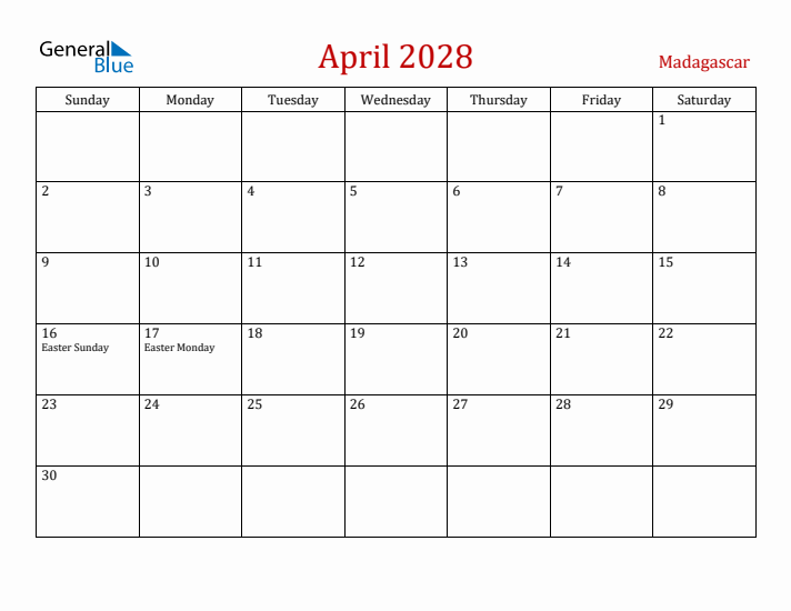 Madagascar April 2028 Calendar - Sunday Start