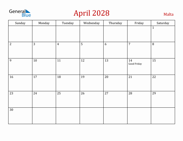 Malta April 2028 Calendar - Sunday Start