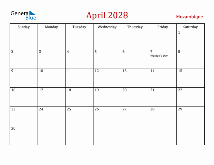 Mozambique April 2028 Calendar - Sunday Start