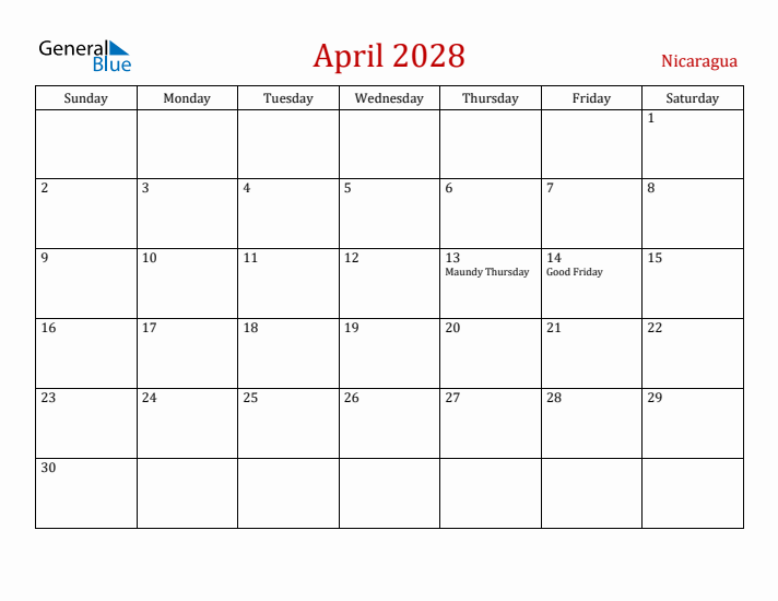 Nicaragua April 2028 Calendar - Sunday Start
