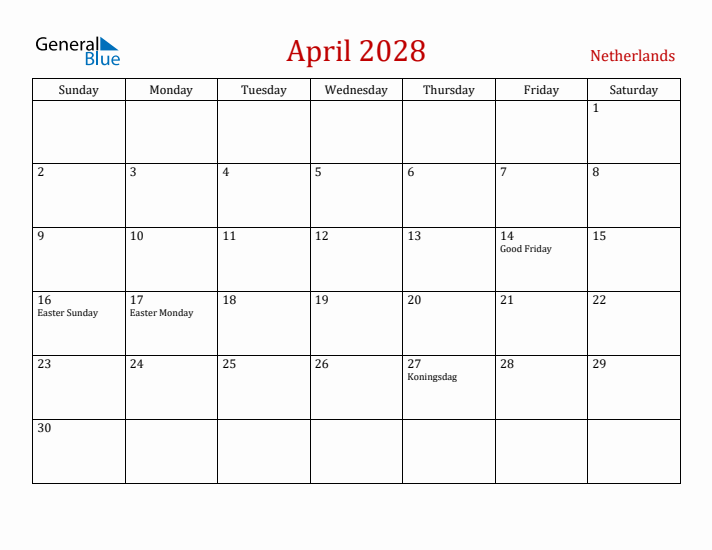 The Netherlands April 2028 Calendar - Sunday Start
