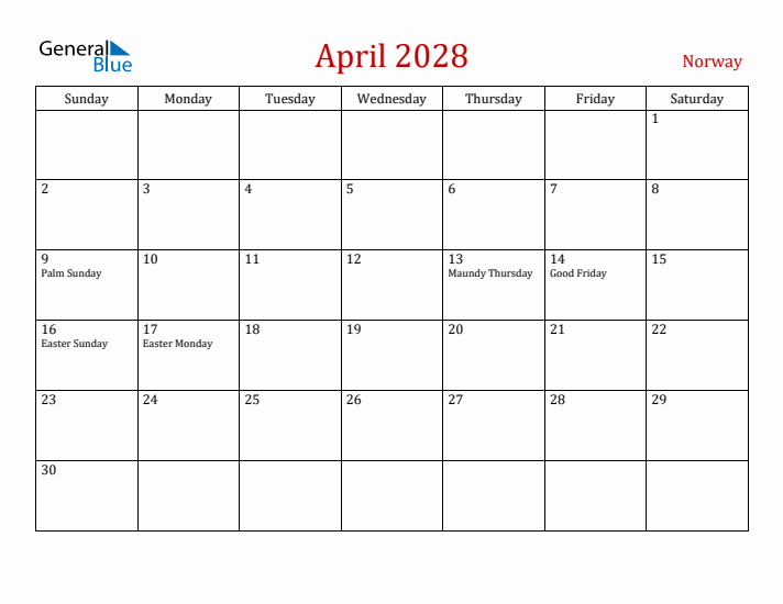Norway April 2028 Calendar - Sunday Start