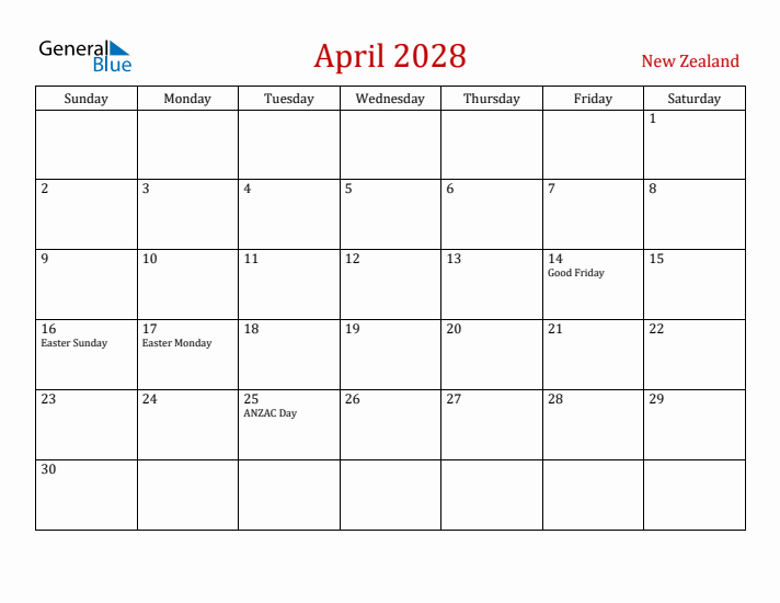New Zealand April 2028 Calendar - Sunday Start