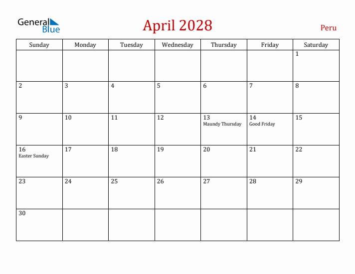 Peru April 2028 Calendar - Sunday Start