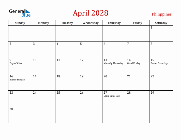 Philippines April 2028 Calendar - Sunday Start