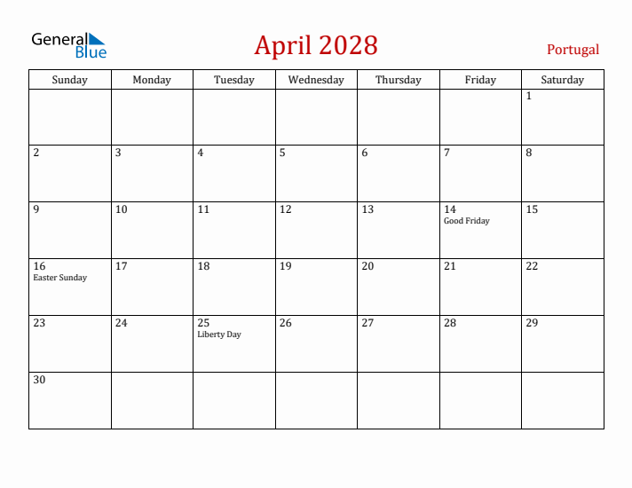 Portugal April 2028 Calendar - Sunday Start