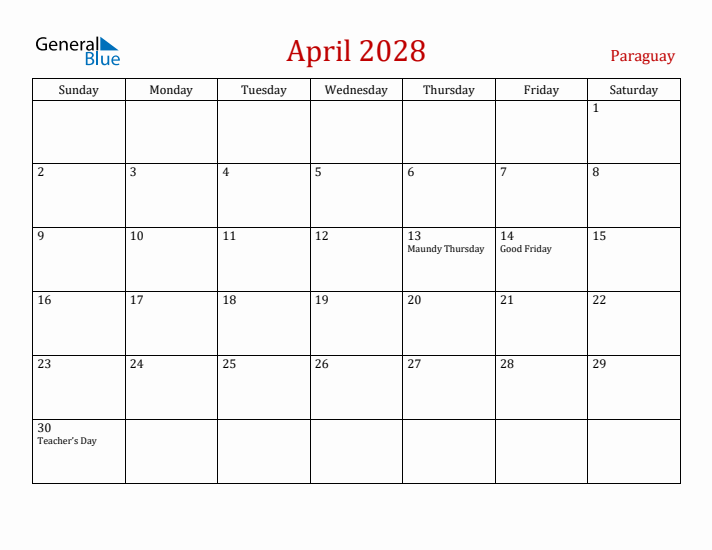Paraguay April 2028 Calendar - Sunday Start