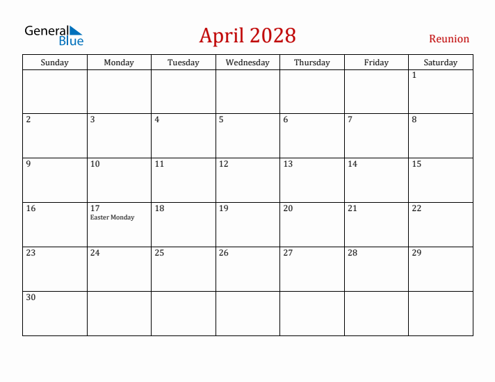 Reunion April 2028 Calendar - Sunday Start